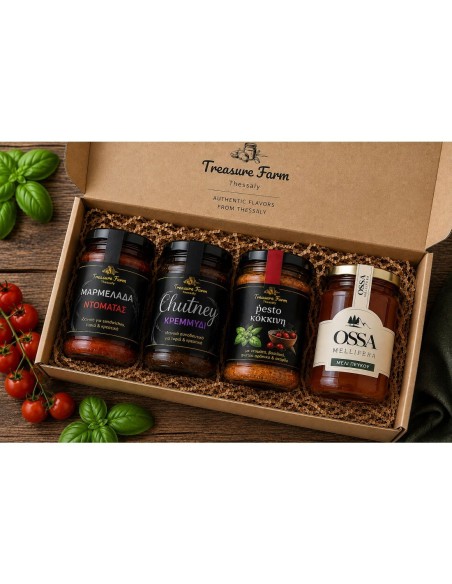 Ένα ξεχωριστό ελληνικό gift box με Μαρμελάδα Ντομάτας, Chutney Κρεμμυδιού, Pesto Rosso και Μέλι Πεύκου.